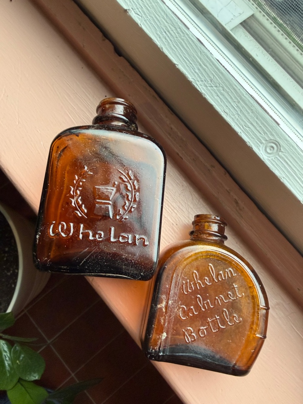 Whelan Amber Glass Cabinet Bottles Embossed Vintage Antique